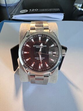 Stuhrling Original Men's Silver Bracelet Watch with Black Dial